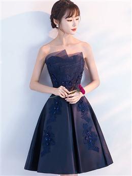 Picture of Navy Blue Satin with Lace Applique Knee Length Party Dresses, Navy Blue Prom Dresses